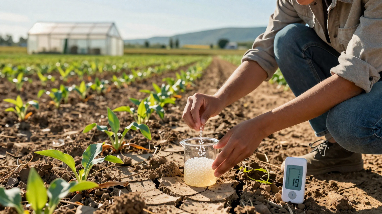 Pessoa a aplicar fertilizante em jovens plantas numa plantação, com estufa ao fundo e medidor digital no solo.