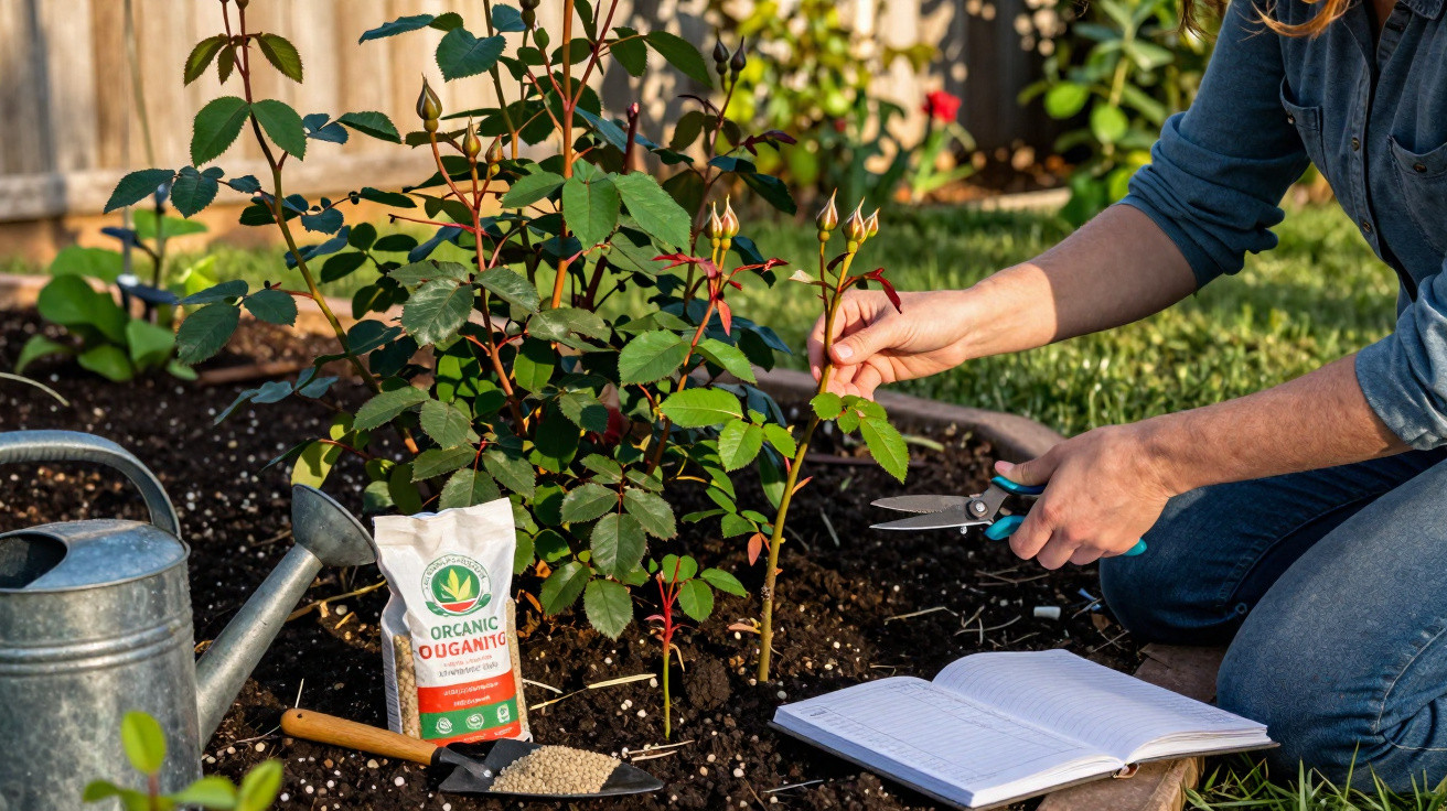 Pessoa a podar rebentos de roseira num jardim com ferramentas e fertilizante orgânico ao lado.