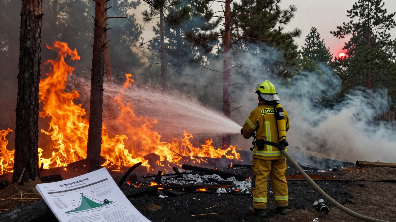 Bombeiro combate incêndio florestal ao entardecer, com fogo intenso e fumo entre árvores de pinheiro.
