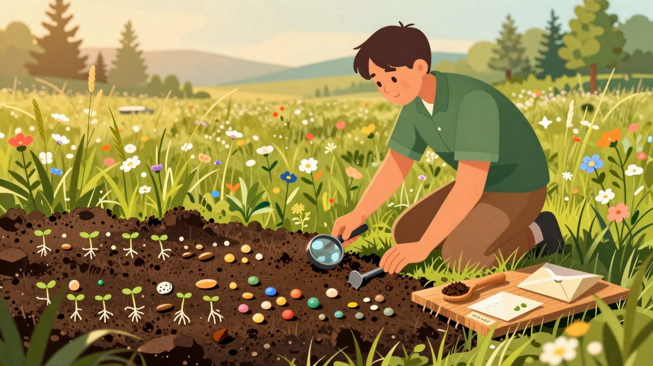 Ilustração de rapaz a observar germinação de sementes coloridas num campo florido com lupa e ferramentas de jardinagem.