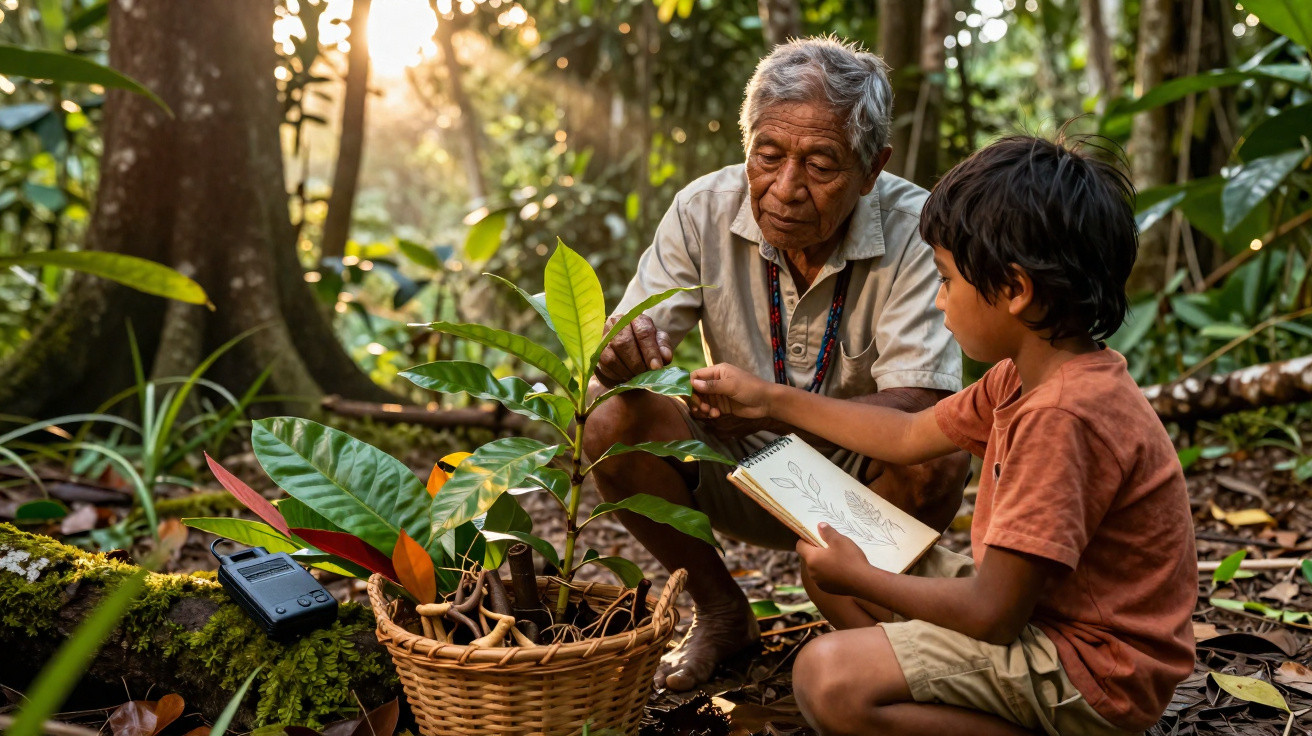 Homem idoso e criança observam planta e desenho numa caderneta numa floresta ao entardecer.