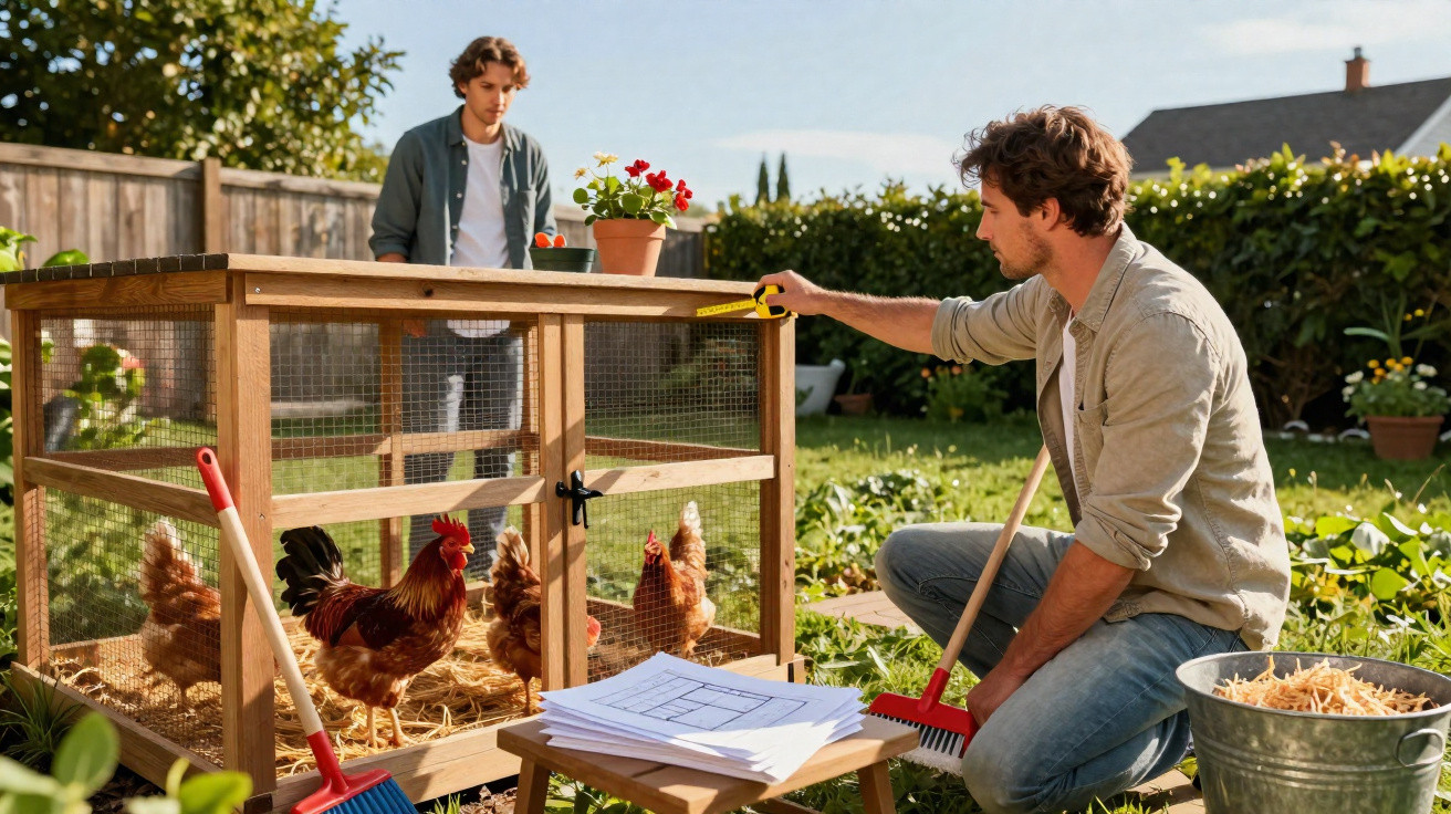 Dois homens a construir um galinheiro no jardim junto a galinhas e plantas.