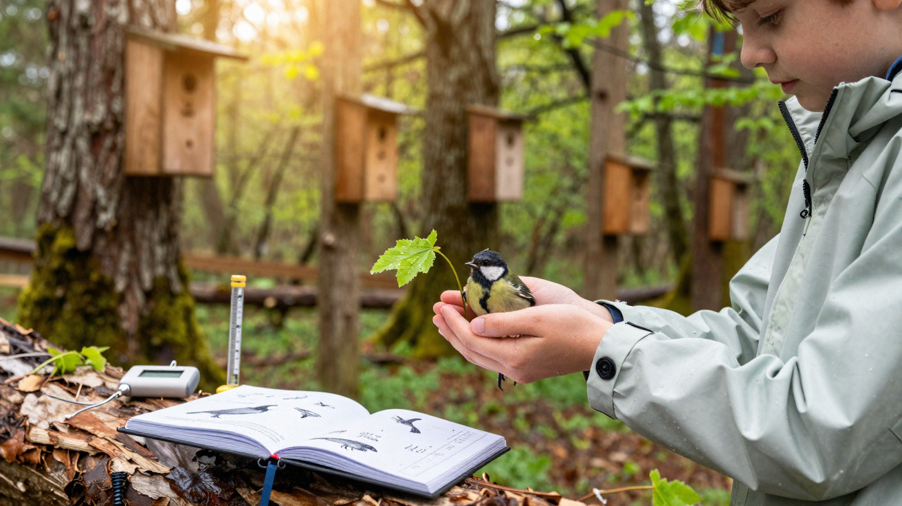 Criança segura um pássaro num braço na floresta perto de livro aberto com imagens de aves.
