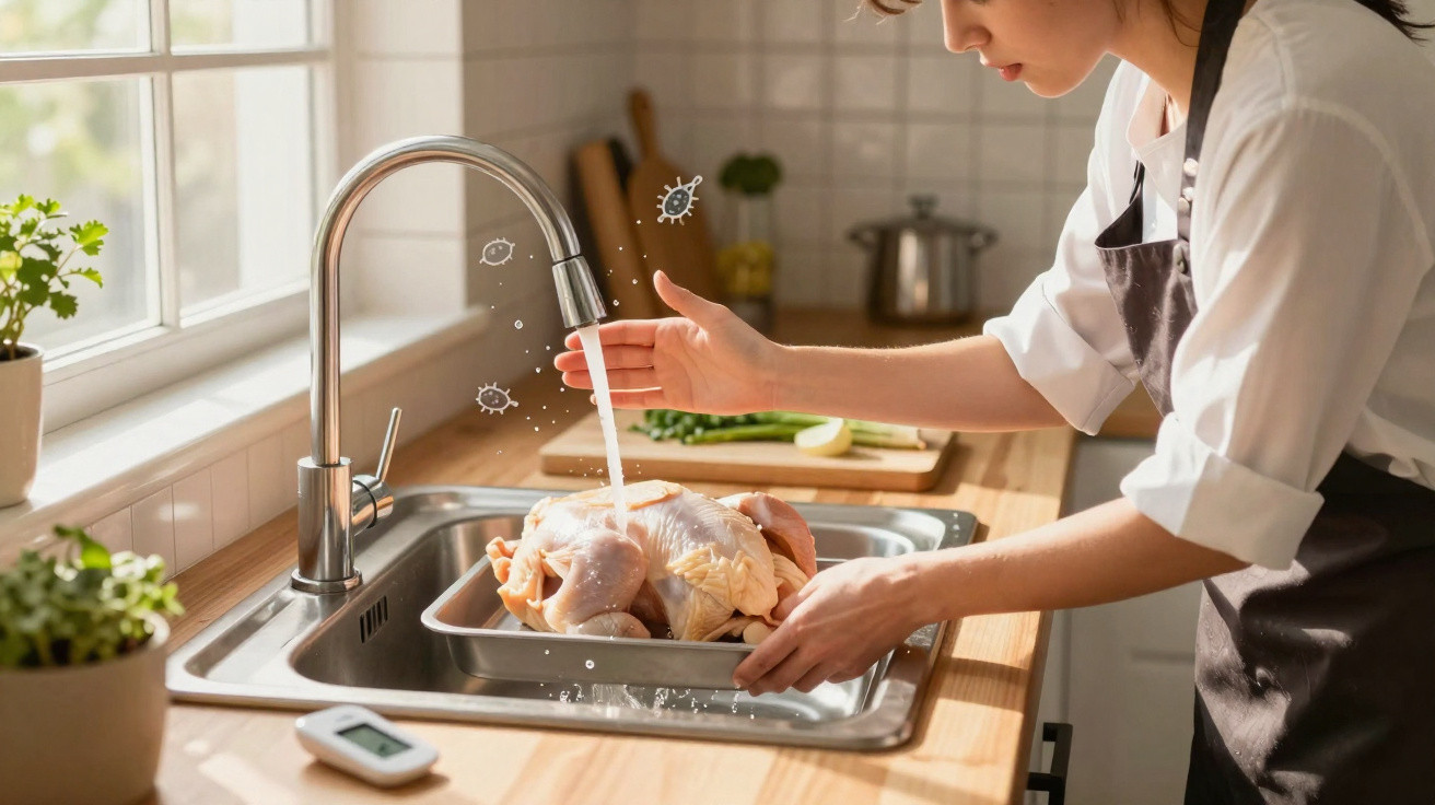 Mulher a lavar um frango cru em água corrente num lava-loiça de cozinha moderna.