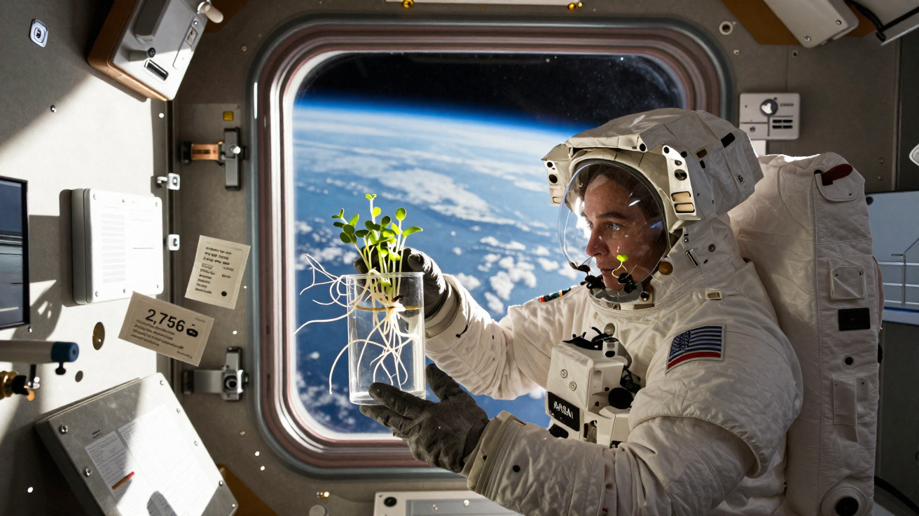 Astronauta dentro de espaçonave, segurando planta em vaso transparente com vista da Terra ao fundo.