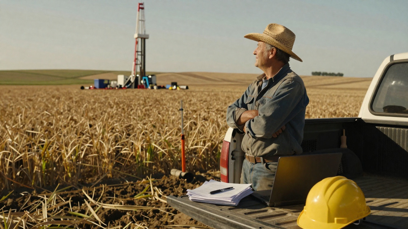 Homem com chapéu de palha observa campo de trigo perto de equipamento agrícola, em dia ensolarado.