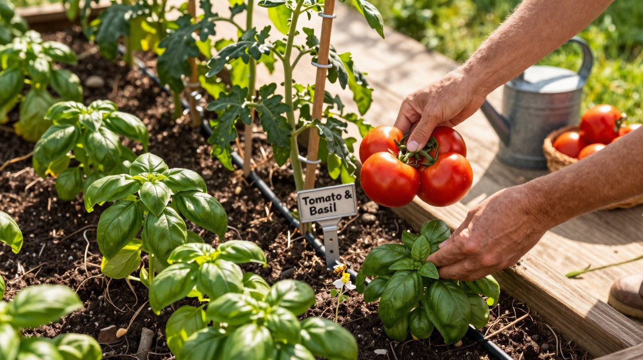 Mãos a colher tomate maduro numa horta com manjericão e marcador "Tomato & Basil".